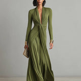 Lolla | Vestido Maxi de Seda Verde Oliva con Escote en V