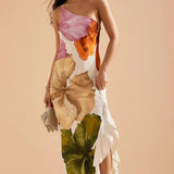 VESTIDO LARGO FLORAL DE UN SOLO HOMBRO ELEGANTE