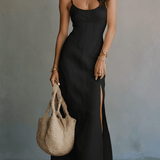 VESTIDO MAXI BLANCO MINIMALISTA CON TIRANTES Y ABERTURA