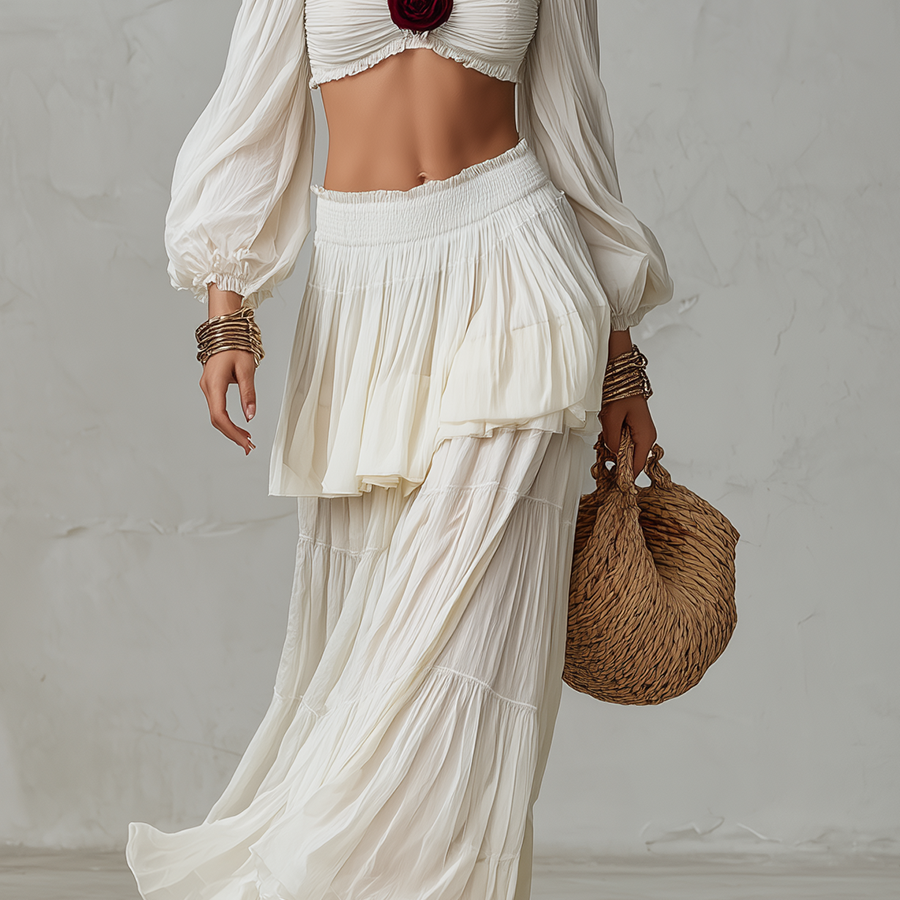 CONJUNTO BOHO CON TOP CROP Y FALDA LARGA