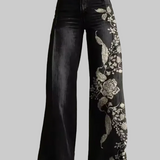 ECSLISSI | Pantalones Vintage Negros con Flores Chic