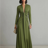 Lolla | Vestido Maxi de Seda Verde Oliva con Escote en V