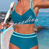 BIKINI DE DOS PIEZAS DE TIRO ALTO CON RAYAS Y DISEÑO EN CONTRASTE