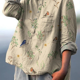 Jimena | Camisa Casual de Mujer con Estampado de Ramas y Aves Robin