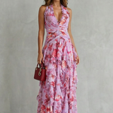 VESTIDO MAXI HALTER CON CASCADA ROMÁNTICA DE ROSAS