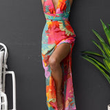 VESTIDO LARGO FLORAL CON ESCOTE EN V, ESPALDA ATADA