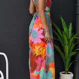 VESTIDO LARGO FLORAL CON ESCOTE EN V, ESPALDA ATADA