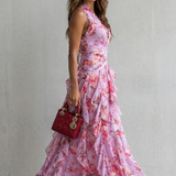 VESTIDO MAXI HALTER CON CASCADA ROMÁNTICA DE ROSAS