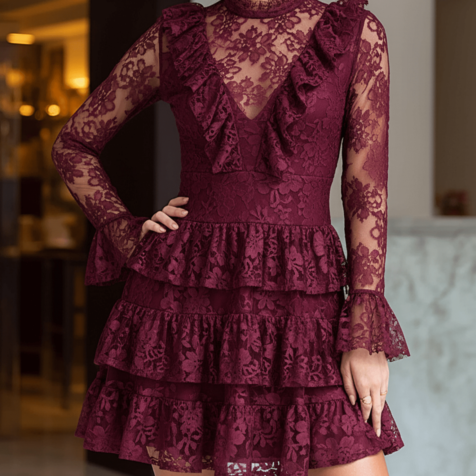 VESTIDO CORTO BURDEOS DE ENCAJE FLORAL CON VOLANTES EN CAPAS