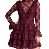 VESTIDO CORTO BURDEOS DE ENCAJE FLORAL CON VOLANTES EN CAPAS