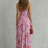 VESTIDO MAXI HALTER CON CASCADA ROMÁNTICA DE ROSAS