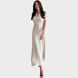 Lídia | Vestido de Malla con Decote en V y Botones