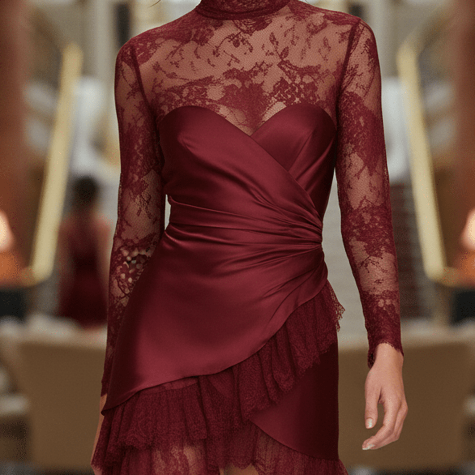 VESTIDO CORTO ENVOLVENTE DE SATÉN BURDEOS CON ENCAJE