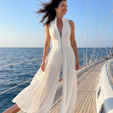 Rita | Mono de Pierna Ancha con Cuello Halter Plisado