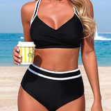 BIKINI DE DOS PIEZAS DE TIRO ALTO CON RAYAS Y DISEÑO EN CONTRASTE
