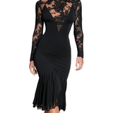 VESTIDO MIDI DE ENCAJE NEGRO CON CUELLO ALTO Y FALDA PLISADA