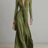 Lolla | Vestido Maxi de Seda Verde Oliva con Escote en V