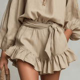 VESTIDO MINI BOHO TEXTURADO EN TONO ARENA DE CORTE RELAJADO