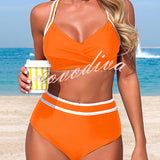 BIKINI DE DOS PIEZAS DE TIRO ALTO CON RAYAS Y DISEÑO EN CONTRASTE