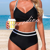 BIKINI DE DOS PIEZAS DE TIRO ALTO CON RAYAS Y DISEÑO EN CONTRASTE