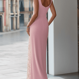 VESTIDO LARGO ROSA EMPOLVADO CON ESCOTE DRAPEADO