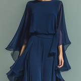 Camila | Conjunto de Chiffon Azul Marino con Volantes