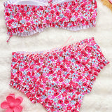BIKINI DE DOS PIEZAS FLORAL DE TIRO ALTO CON VOLANTES