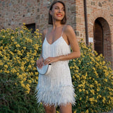 VESTIDO MINI CON PLUMAS ELEGANTE
