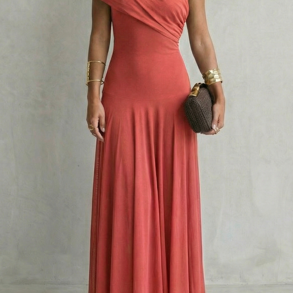 VESTIDO MAXI DE UN HOMBRO CON ESCOTE DRAPEADO ELEGANTE