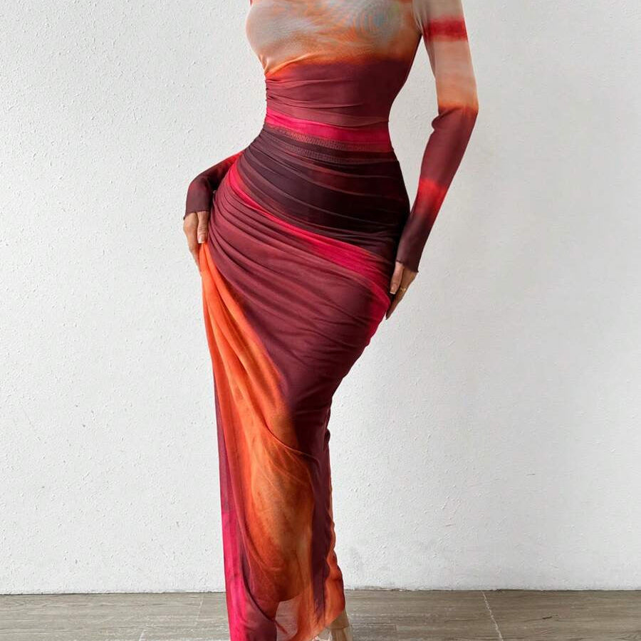 Natalia | Vestido Maxi Bodycon de Manga Larga Impreso y Cómodo