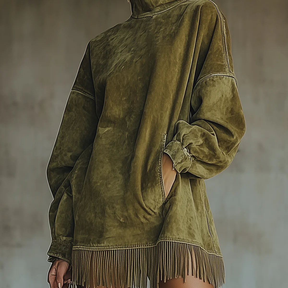 Gabriela - Vestido de ante con cuello alto y flecos