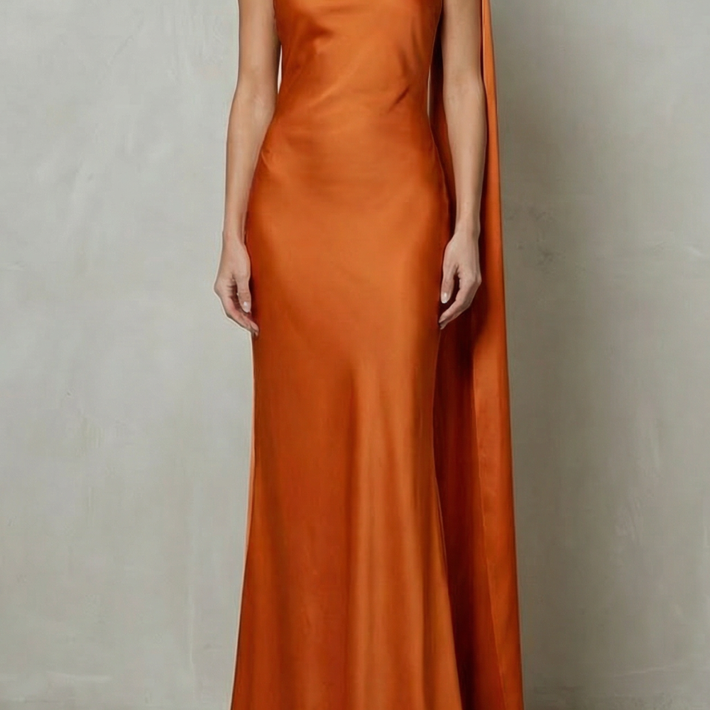VESTIDO DE SIRENA DE SATÉN CON ESCOTE DRAPEADO EN CASCADA
