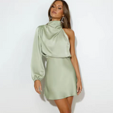 Vestido mini de un solo hombro con manga larga y cuello drapeado para mujer