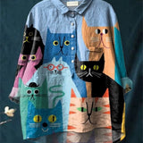 Aitana | Blusa Casual Femenina con Estampado Artístico de Gatos