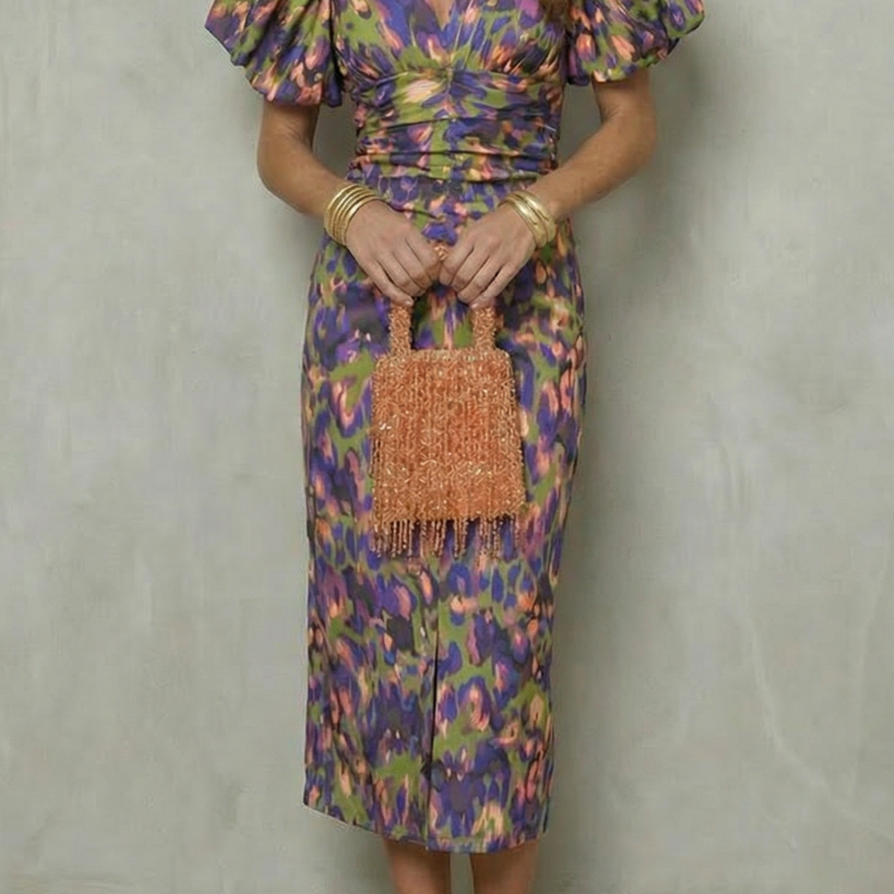 VESTIDO MIDI CON ESTAMPADO ABSTRACTO Y MANGAS ABULLONADAS