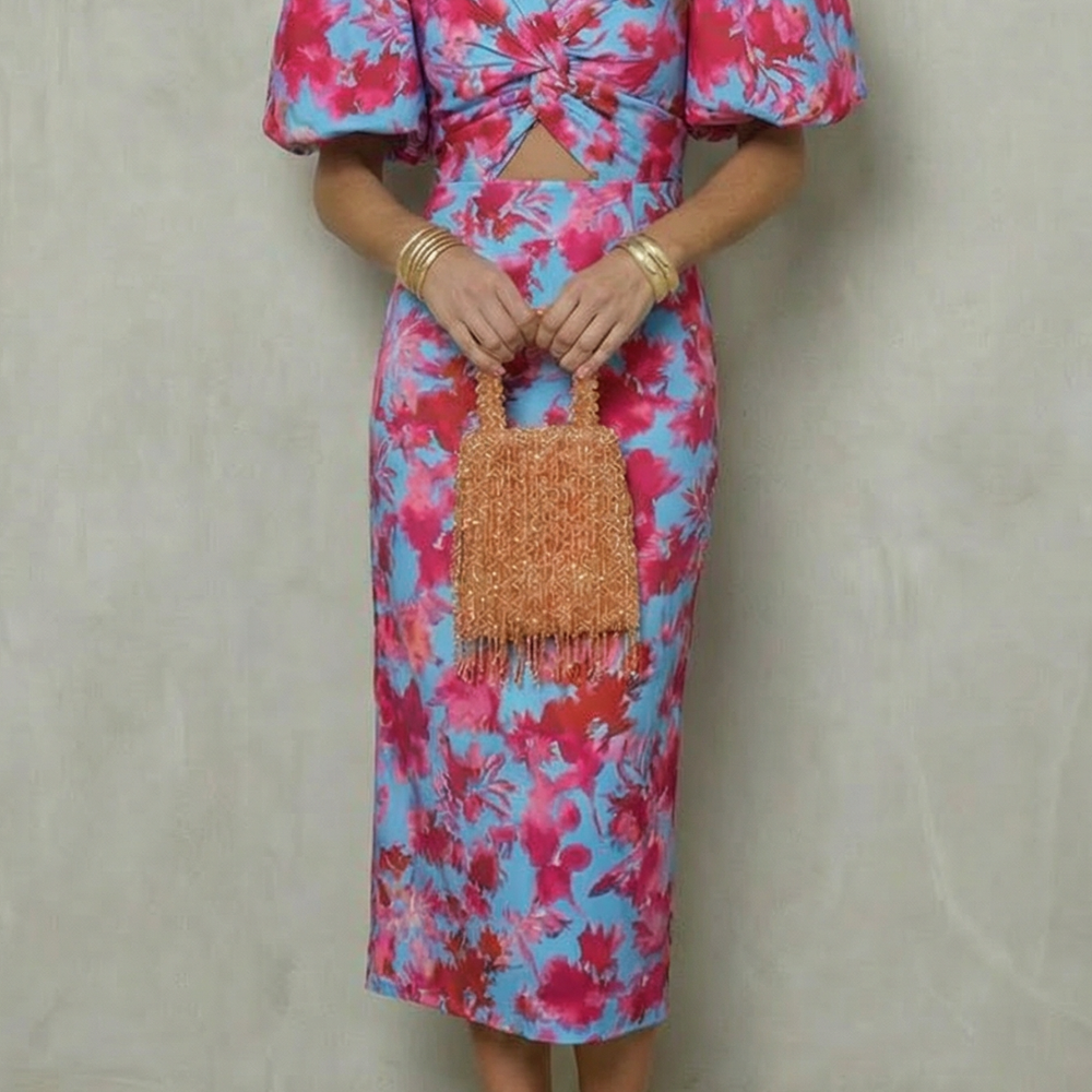 VESTIDO MIDI CON ESTAMPADO ABSTRACTO Y MANGAS ABULLONADAS