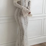 VESTIDO LARGO DE ENCAJE CON HOMBROS DESCUBIERTOS