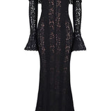 VESTIDO LARGO DE ENCAJE CON HOMBROS DESCUBIERTOS