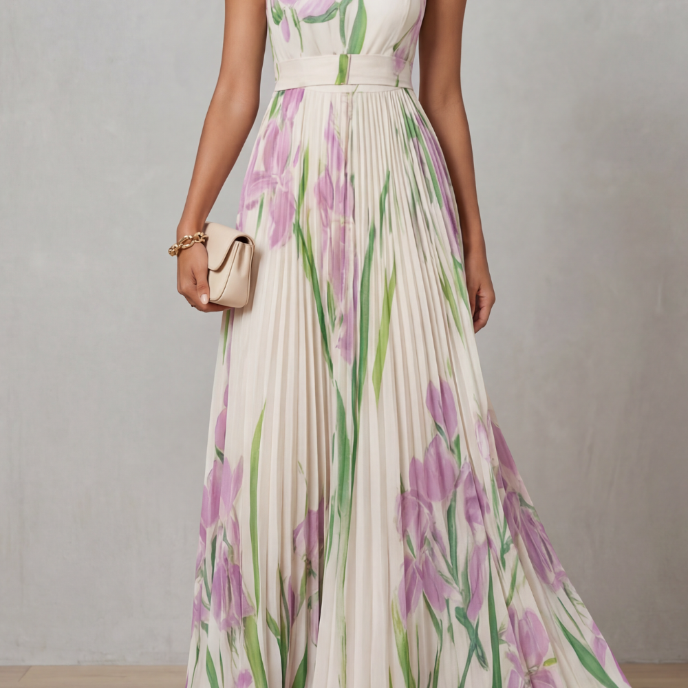 VESTIDO MAXI PLISADO CON ESTAMPADO FLORAL ACUARELA
