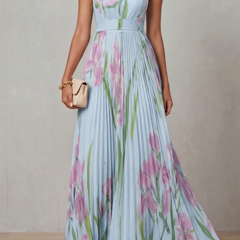 VESTIDO MAXI PLISADO CON ESTAMPADO FLORAL ACUARELA