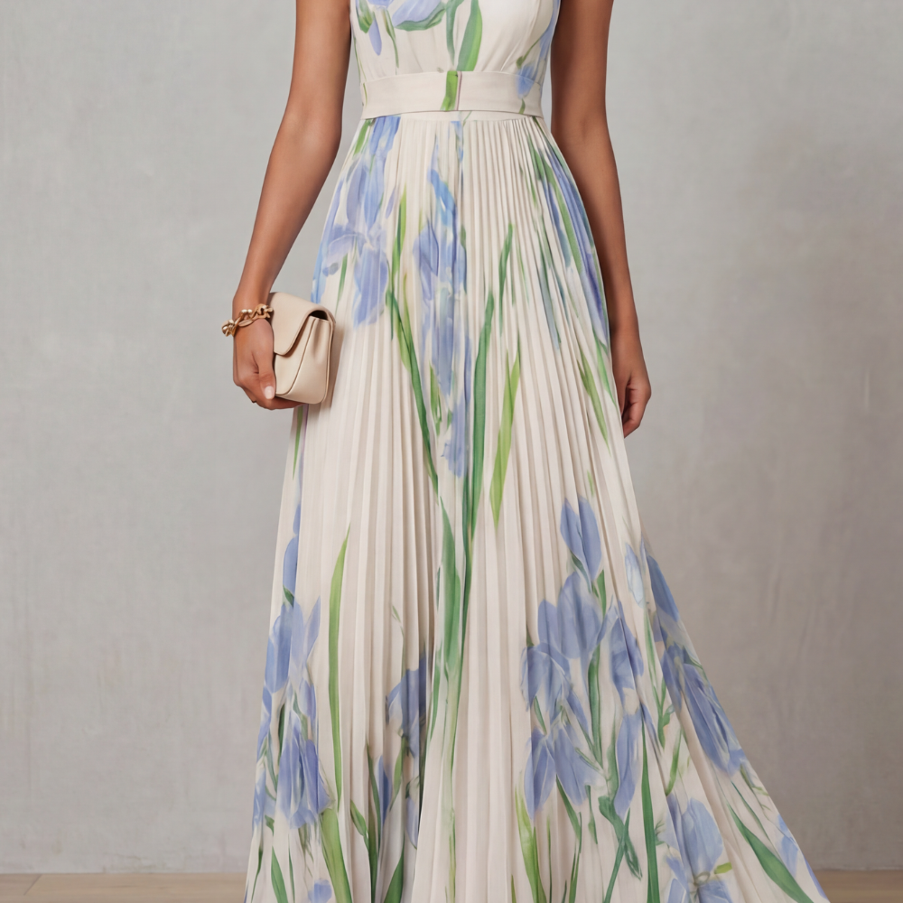VESTIDO MAXI PLISADO CON ESTAMPADO FLORAL ACUARELA