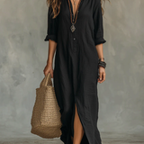 Lucía | Vestido maxi negro holgado con botones