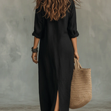 Lucía | Vestido maxi negro holgado con botones