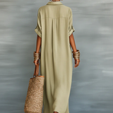 Carmen | Vestido maxi verde oliva con línea minimalista