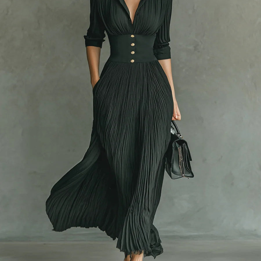 Elvira -  Vestido largo plisado con solapa y cintura alta
