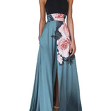 VESTIDO LARGO NEGRO CON ESTAMPADO FLORAL Y CORTE A