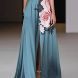 VESTIDO LARGO NEGRO CON ESTAMPADO FLORAL Y CORTE A