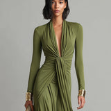 Lolla | Vestido Maxi de Seda Verde Oliva con Escote en V