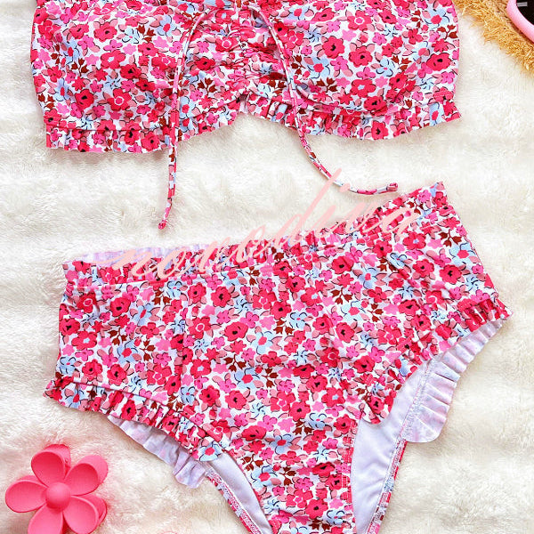 BIKINI DE DOS PIEZAS FLORAL DE TIRO ALTO CON VOLANTES