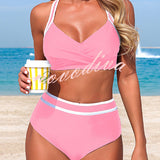 BIKINI DE DOS PIEZAS DE TIRO ALTO CON RAYAS Y DISEÑO EN CONTRASTE